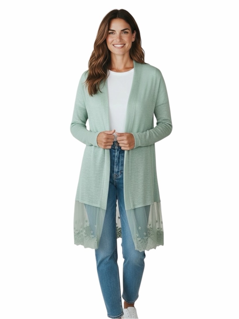 Kate & Mallory•Seafoam Green Open Front Asymmetrical Waterfall Hemline Cardigan